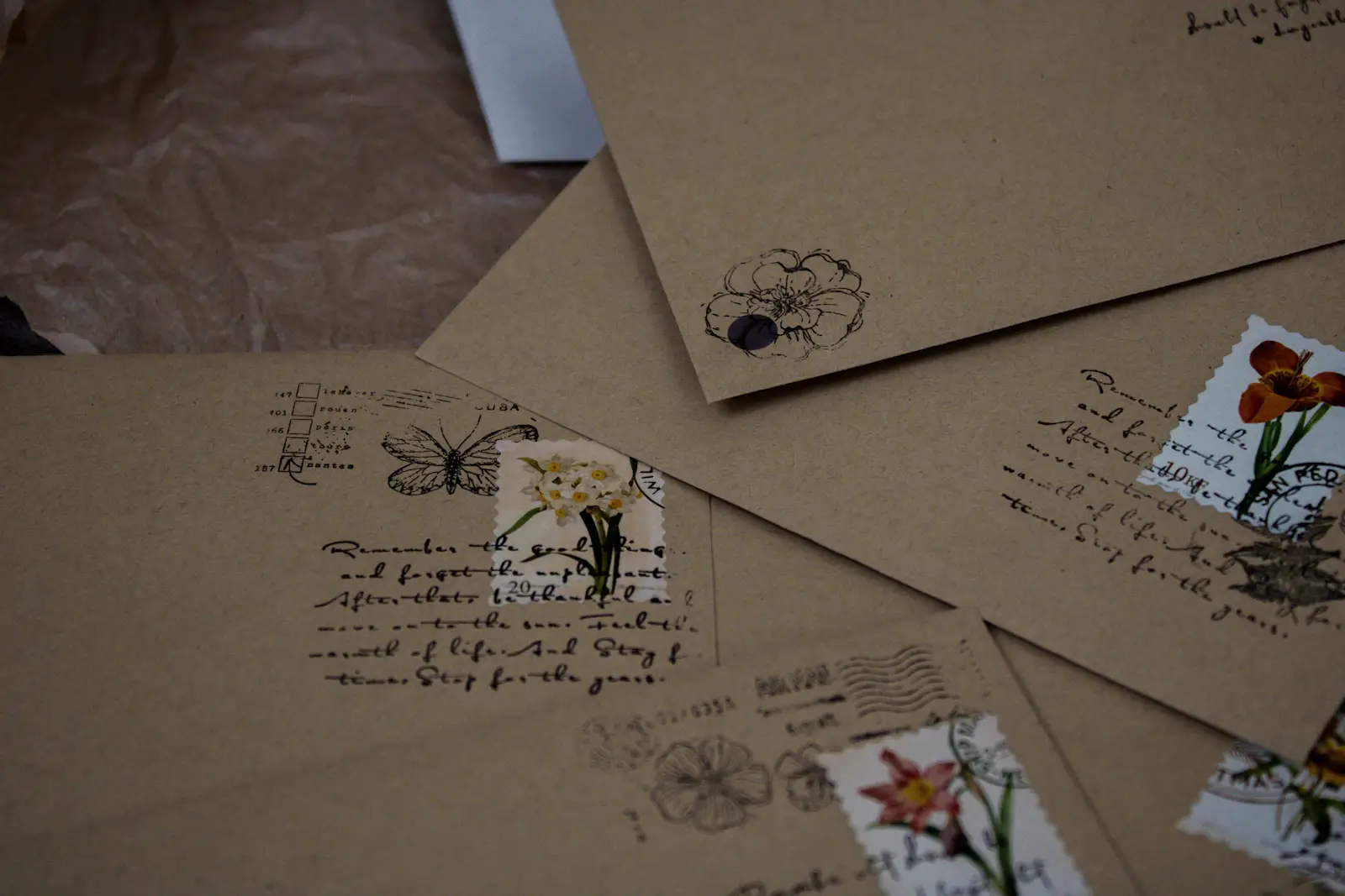 Une pile d’enveloppes et des fleurs séchées