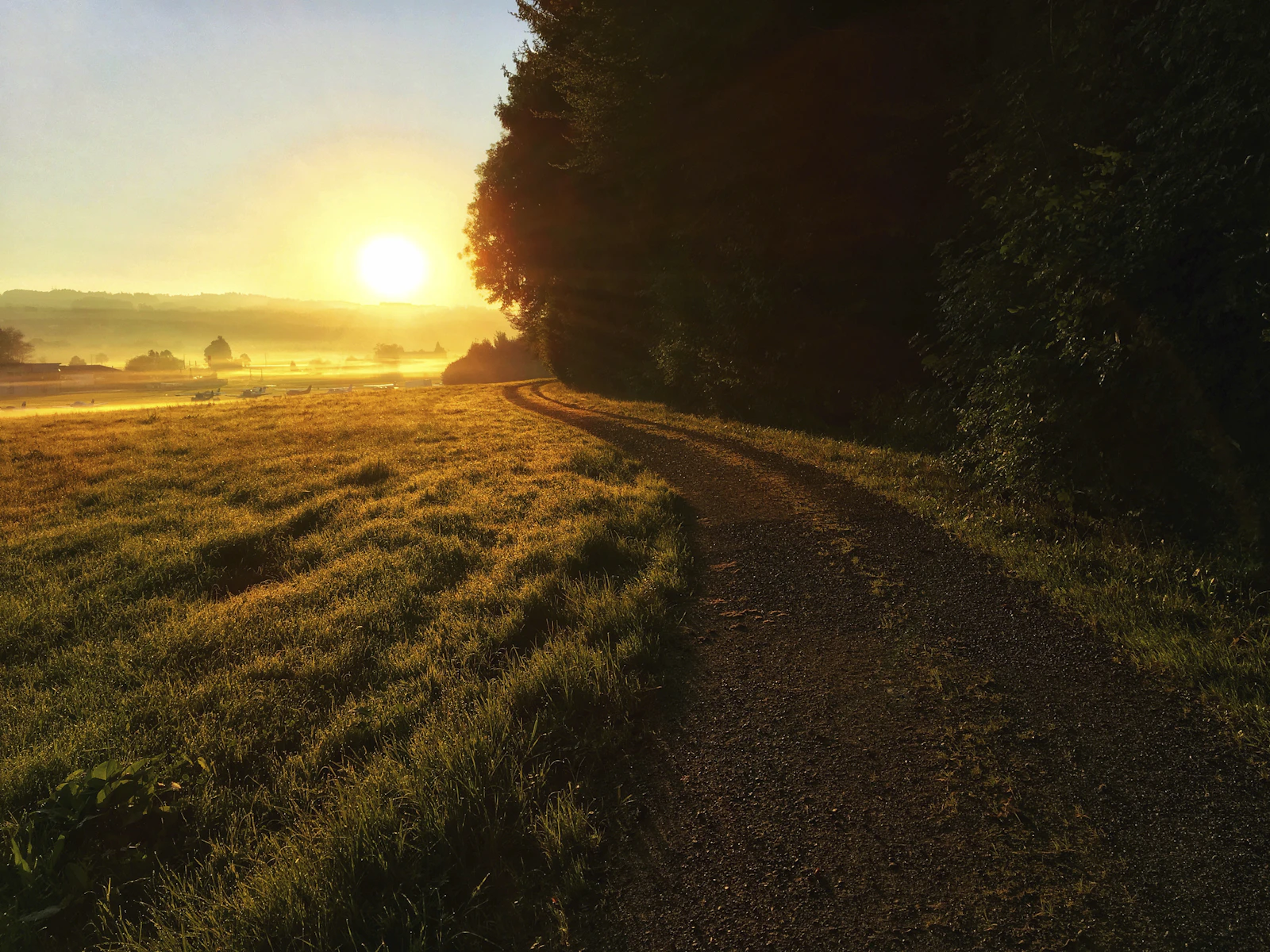 Un chemin dans un champ, dans la lumière du soleil couchant